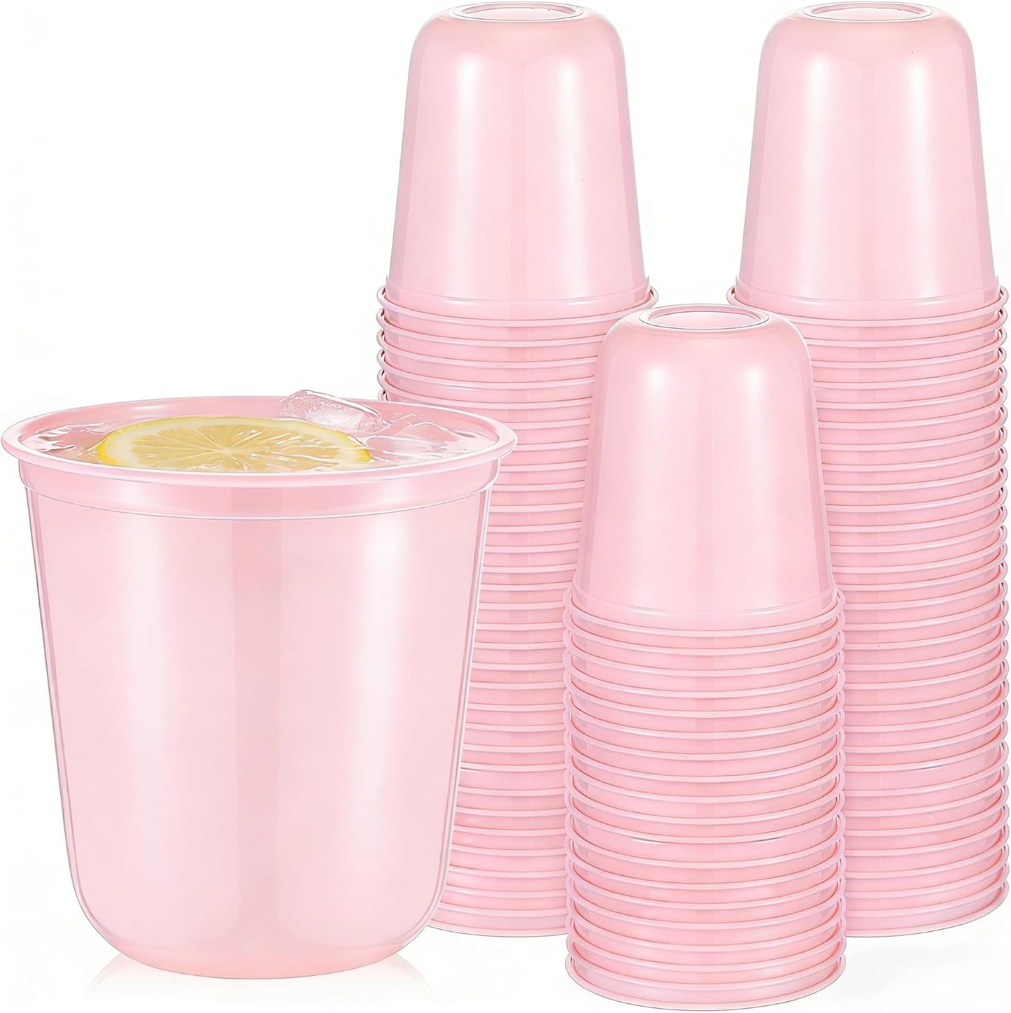 Ziliny 50 Pcs Disposable Stemless Glasses 12oz Crystal Plastic Wine Glasses Clear Classic Pet Cup for Meeting Weddings Birthdays Cocktail Christmas Party Supplies (Pink)