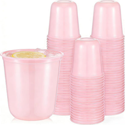 Ziliny 50 Pcs Disposable Stemless Glasses 12oz Crystal Plastic Wine Glasses Clear Classic Pet Cup for Meeting Weddings Birthdays Cocktail Christmas Party Supplies (Pink)