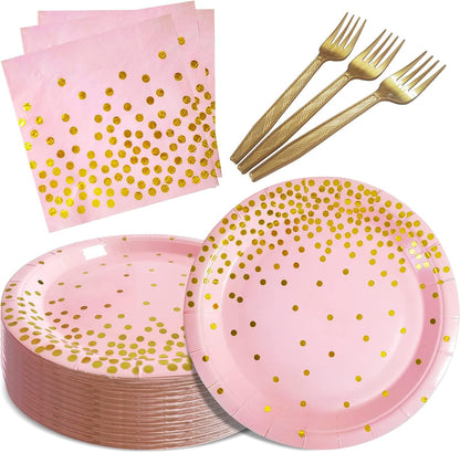 White and Gold Paper Plates Napkins Party Supplies,Disposable Gold Dot Paper Dessert Plates,105 PCS Birthday Plates and Napkins Party Supplies for Wedding(Serves 35 Guests 7")