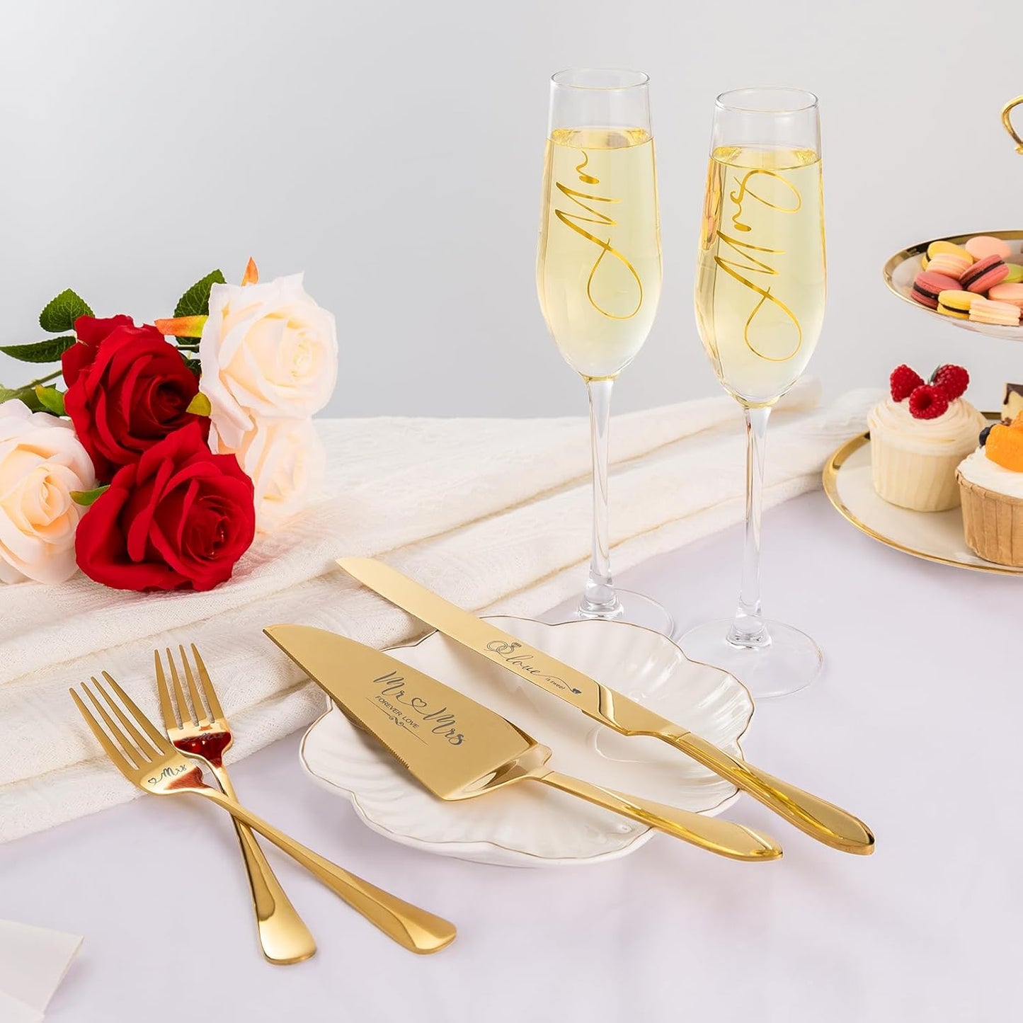 Wedding Cake Knife and Server Set, Mr and Mrs Champagne Flutes & Forks with Giftable Box, Cake Cutting Set for Wedding Engagement Bridal Shower Gifts (Silver)
