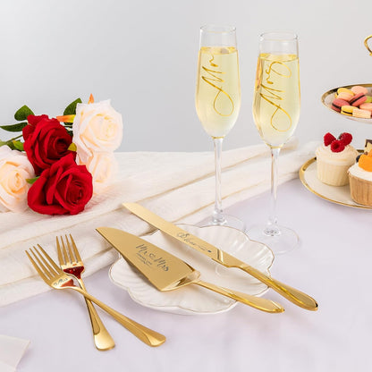 Wedding Cake Knife and Server Set, Mr and Mrs Champagne Flutes & Forks with Giftable Box, Cake Cutting Set for Wedding Engagement Bridal Shower Gifts (Silver)