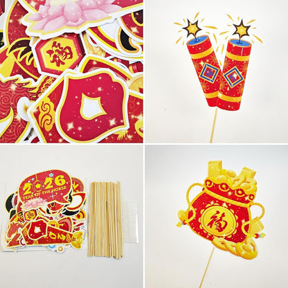 KYMY 2026 Chinese New Year Photo Booth Props Kit, 1 Selfie Frame & 24 Photo Booth Props, Zodiac Horse Year Spring Festival Festive Selfie Accessories for Asian Lunar New Year Party Favors