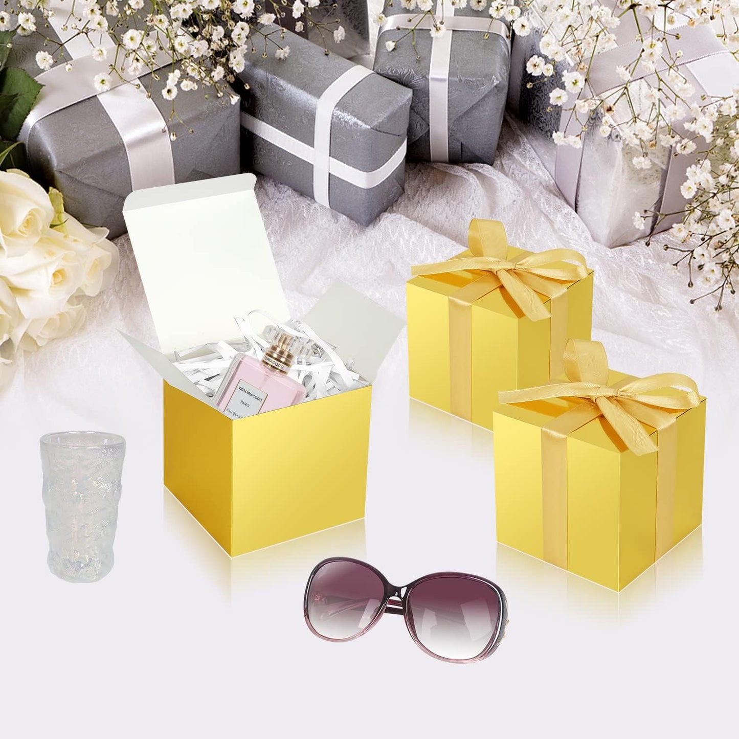 100 Pack Small Gift Boxes, 2x2x2 Inches Favor Boxes Gold Paper Gift Boxes with Lids for Presents, Crafting, Cupcake Boxes, Gifts, Candy Boxes for Wedding Party Bridal Shower Baby Shower Favors