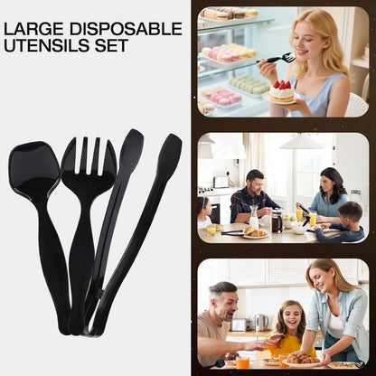 75 Pcs Plastic Serving Utensils, Disposable Black Heavy Duty Serving Spoons, Forks, and Tongs for Parties, Buffets, Banquets, Weddings, Birthdays, and Daily Use