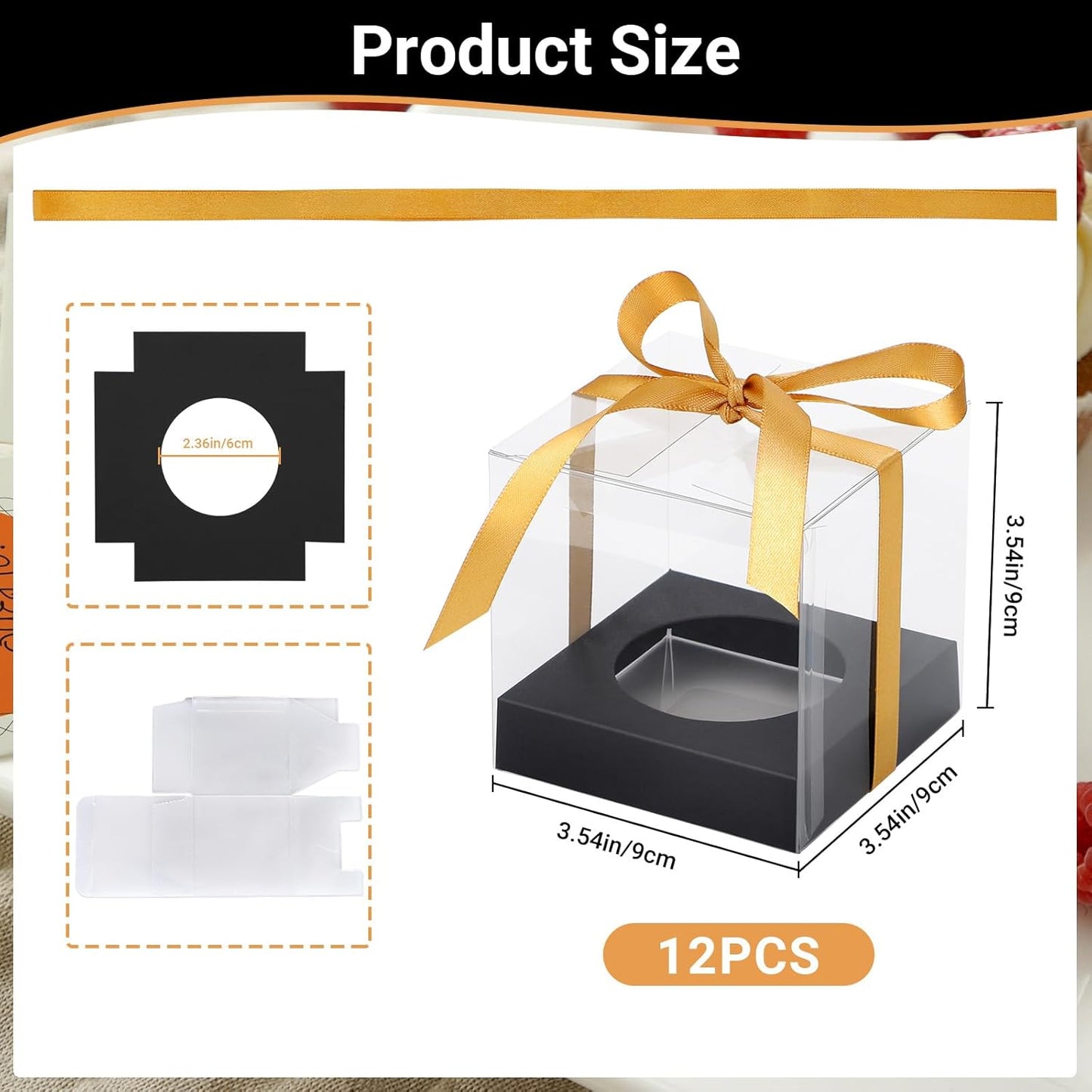 EUSOAR Individual Cupcake Holder, 50pcs 3.5 Inch Plastic Black Cupcake Containers with Lids, Single Transparent Display Clear Cupcake Carrier with Ribbon and Inserts for Wedding Party Favor