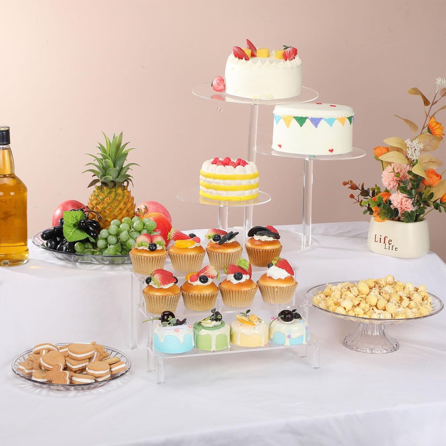 6 Pcs Acrylic Dessert Stands Set Include Display Risers Cupcake Tower and Clear Round Dessert Trays Cake Table Holder for Wedding Baby Shower Decoration(Classic Style)