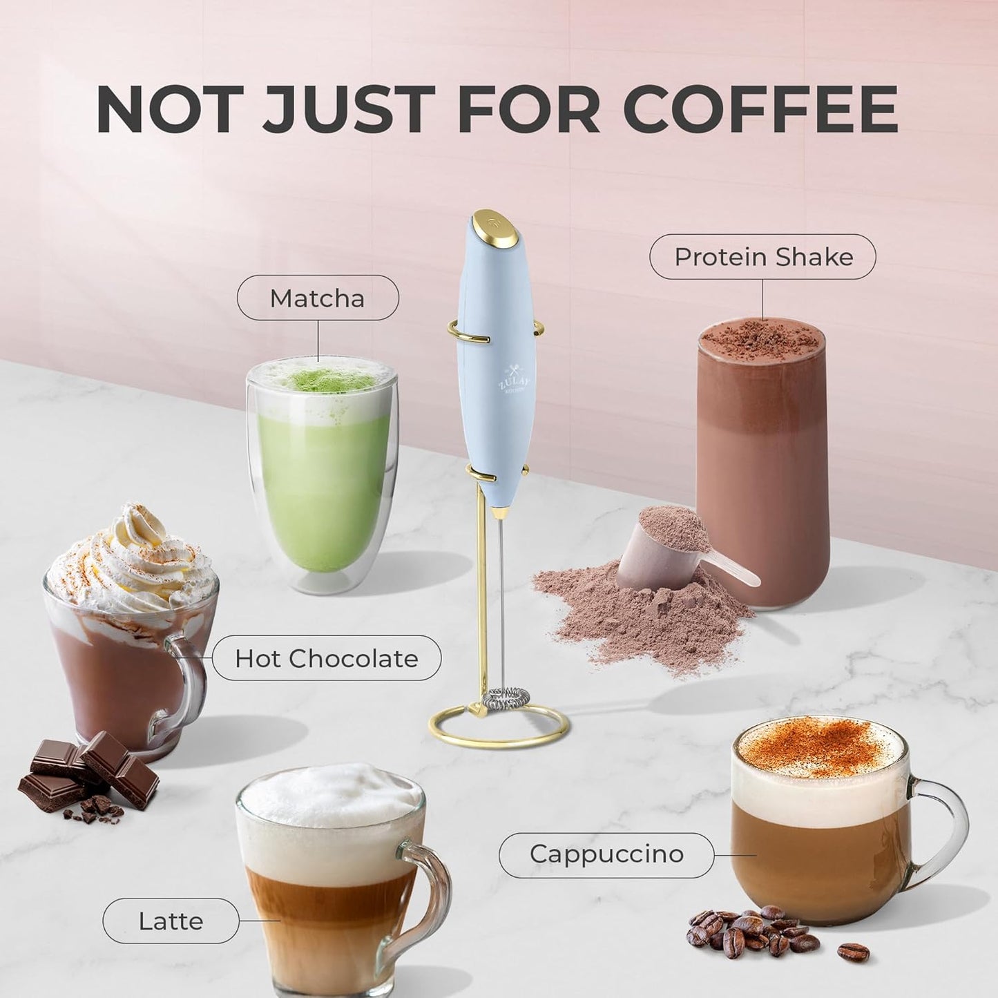 Zulay Kitchen Powerful Milk Frother Wand With Duracell Batteries - Ultra Fast Handheld Drink Mixer - Electric Whisk Foam Maker for Coffee, Lattes, Cappuccino & Matcha - Z1 Motor - Black - Colors A