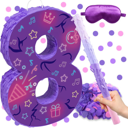 Musical Note Birthday Decorations, 15.7 x 11.5 x 3 Inch Purple Musical Note Number 7 Pinata with 16 Inch Piñata Stick Blindfold Confetti for 7th Music Theme Birthday Party Supplie