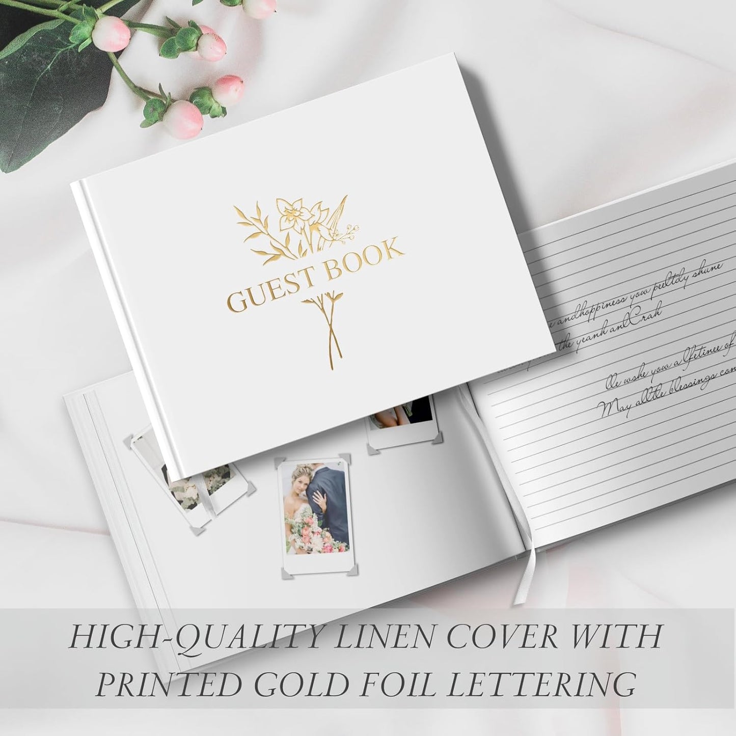 Wedding Guest Book for Memorial Service with 216 Photo Corners Stickers, Linen Guestbook to Sign at Bridal Shower or Wedding Reception Party,100 Pages, Blank Thick Paper Books for Baby Shower- Sage