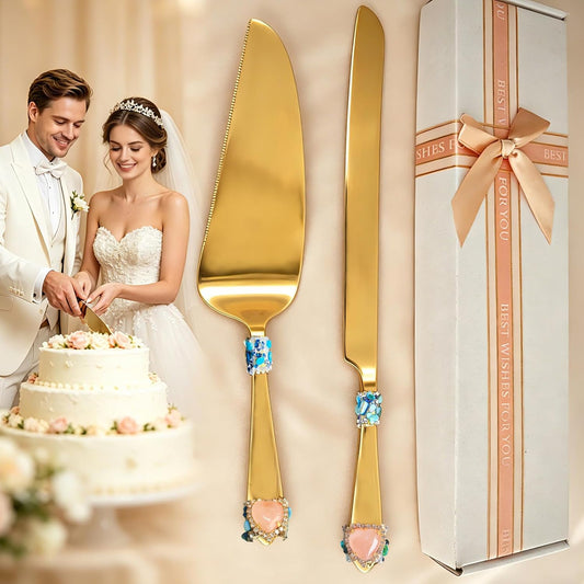 Handcrafted Luxury Gold Wedding Cake Knife and Server Set – Stainless Steel with Crystal & Gemstone Handles, Elegant Gift for Wedding, Anniversary, Engagement, Bridal Shower (blue)