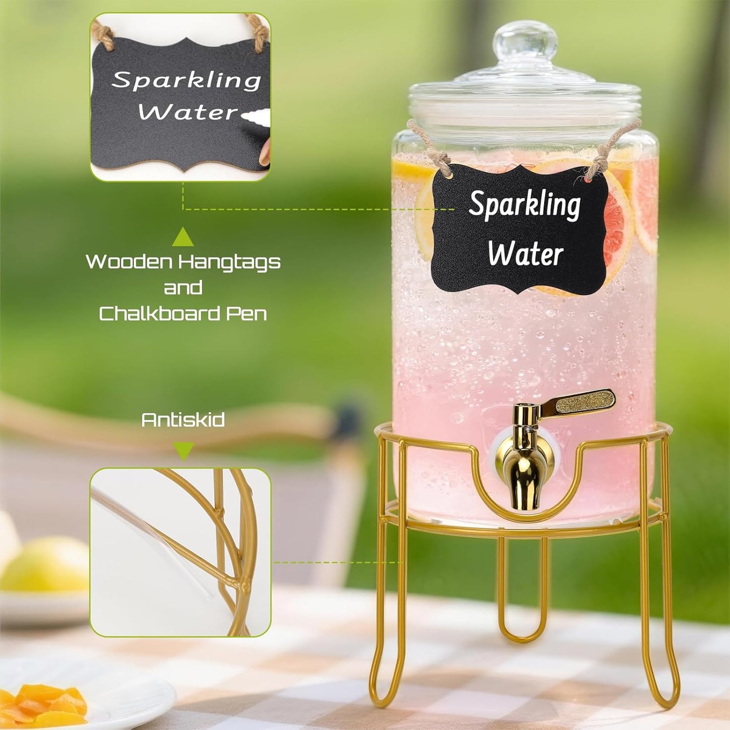 DHSBTLS 1.5 Gallon Glass Drink Dispensers, Round Beverage Dispenser for Party, BBQ and Picnic, Clear Airtight Juice Dispenser with Golden Stand, Stainless Steel Spigot, Markers and Chalkboard