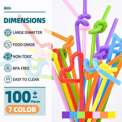 SONGNASS 100PCS Flexible Plastic Straws, Colorful Disposable Bendy Party Fancy Straws12.8inch Extra Long Straws Party Decorations