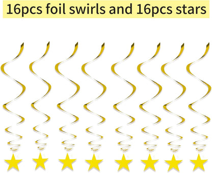 Gold Twinkle Stars Hanging Swirls Decorations Ceiling Swirl Foil Decoration Hanging Gold Party Supplies for Birthday Baby Shower Wedding, 32 pcs