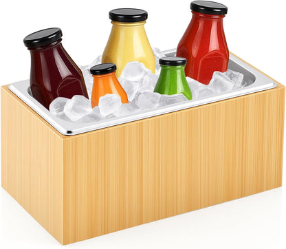 Ice Housing Bin with Removable Tray Ice Holder Container Wine Beer Champagne Drink Bucket Beverage Tub for Freezer Display Buffet Bar Counter Party Drink Chiller(Bamboo and Steel,21" X 13" X 5.5")