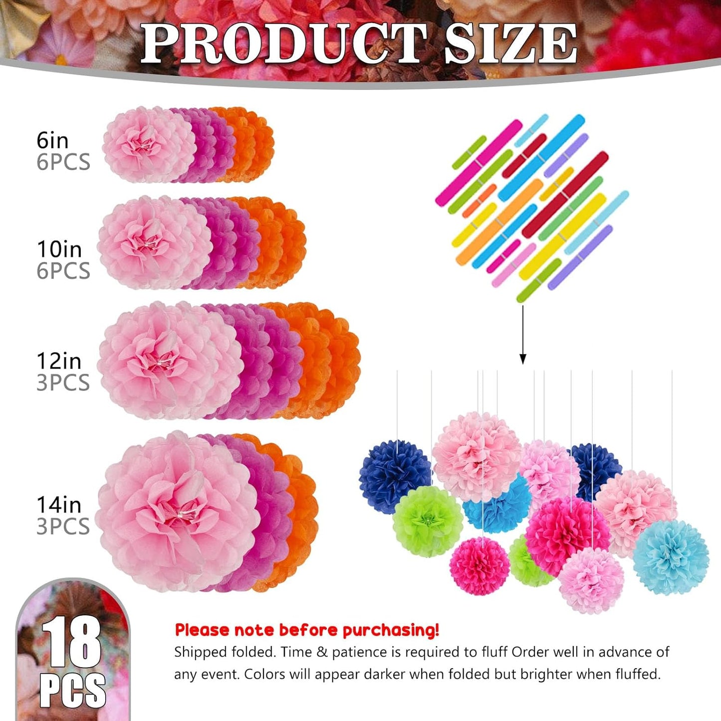 Tissue Paper Pom Poms, Pink Tissue Paper Flowers, Hanging Flower Balls for Weddings Fiesta Parties Birthday Baby Showers Classroom Bridal Shower Decoration (18Piece Set-6/10/12/14Inch)