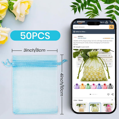 ANZNKU 50PCS White Organza Bags 3x4, Small Gift Bags Bulk for Sachet Jewelry Candy Treat, Mini Mesh Bag Drawstring for Wedding Bridal & Baby Shower, Party Favor Bag for Easter Mothers Day Birthday