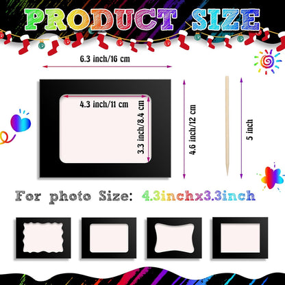 Motipuns 24 Pcs Scratch Picture Frame Craft Kits for Kids DIY Vbs Scratch Paper Photo Frame with Wooden Stylus Back to School 4 x 6 Children Photo Classroom Easter Activities Decor