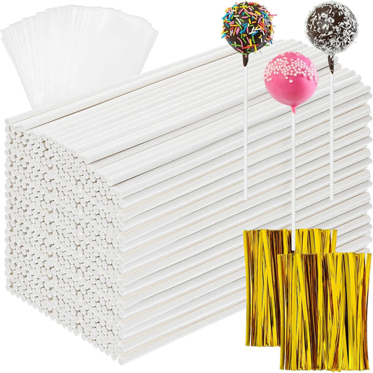 1500Pcs White Lollipop Sticks, 6IN Cake Pop Sticks with Clear Treat Bags & Gold Twist Ties for Candy Making Accessories