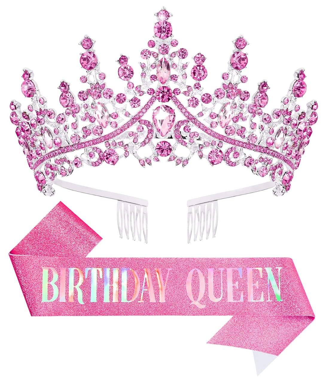 Birthday Tiara Crown with Sash for Women, Headband Hair Accessories for Wedding Party Costume