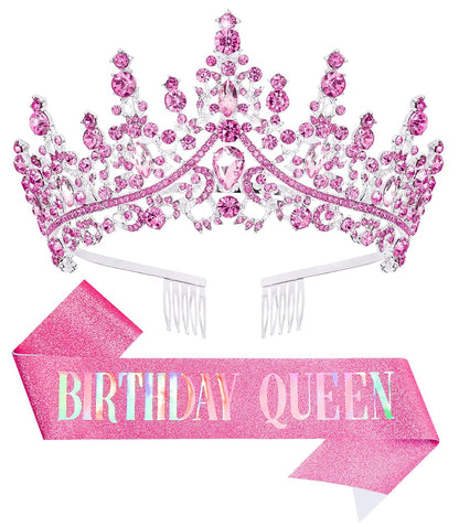 Birthday Tiara Crown with Sash for Women, Headband Hair Accessories for Wedding Party Costume