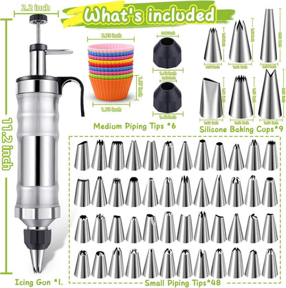 NOVANO Dessert Decorating Syringe Set, Frosting Piping Kit Stainless Steels Cake Decorating Kit with 54 Piping Tips & 9 silicone cupcakes, Cupcake Decorating Kit Piping Bags and Tips Set