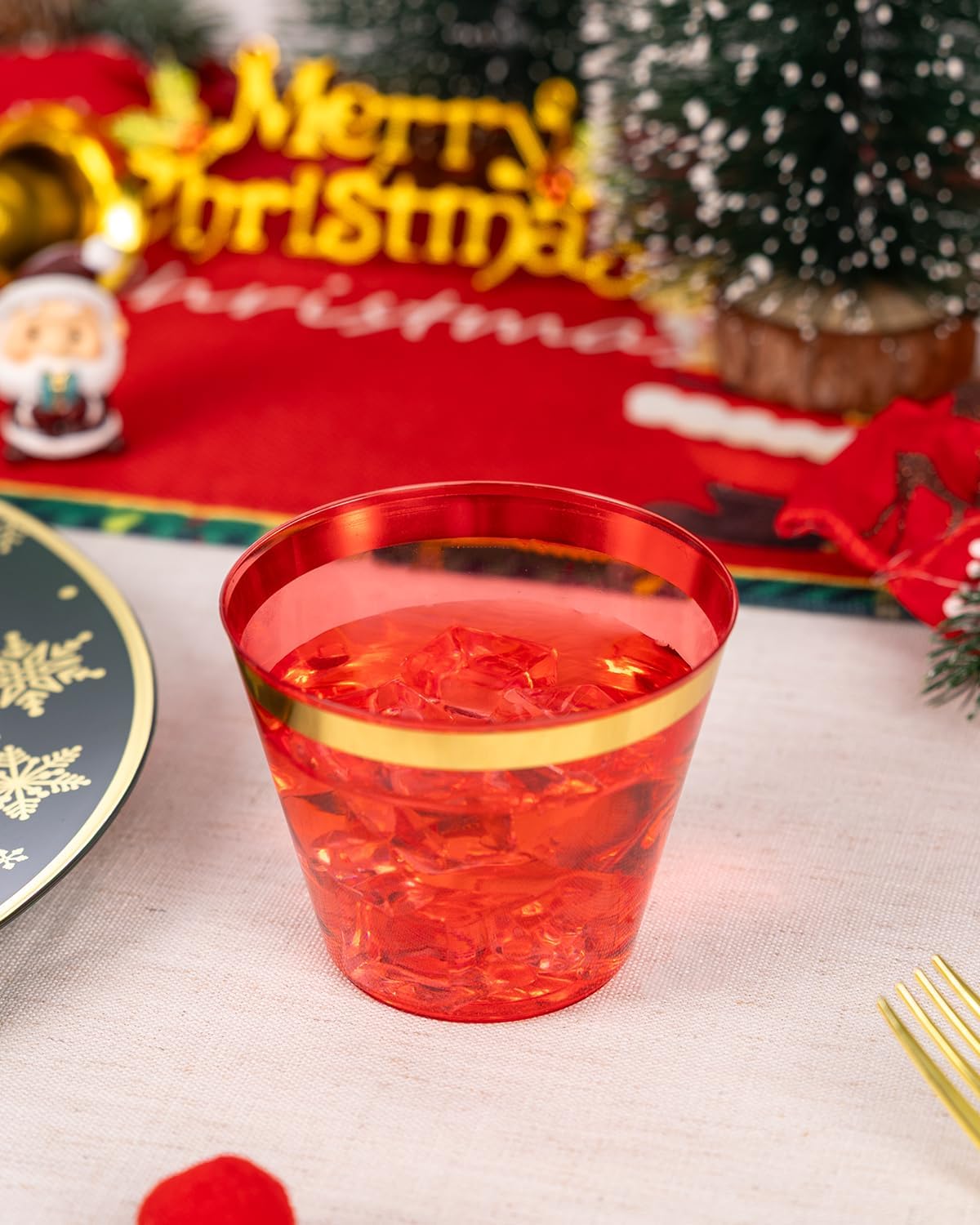 Goodluck 100PCS 9oz Gold Plastic Cups for Party, Disposable Gold Rim Cups, Plastic Cocktail Glasses for Wedding Thanksgiving, Christmas, and Parties