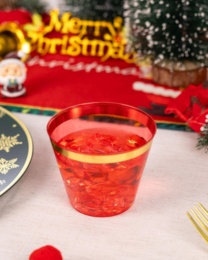 Goodluck 100PCS 9oz Gold Plastic Cups for Party, Disposable Gold Rim Cups, Plastic Cocktail Glasses for Wedding Thanksgiving, Christmas, and Parties