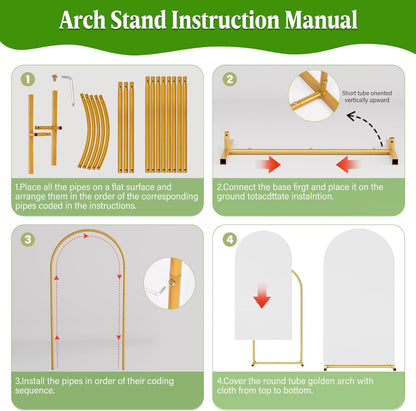 Arch Backdrop Stand and Cover Set, 7.2 x 4FT Gold Metal Wedding Arch for Ceremony, Heavy Duty Balloon Arch Stand with White Spandex Cover for Birthday Party, Baby Shower, Graduation, Event Decor