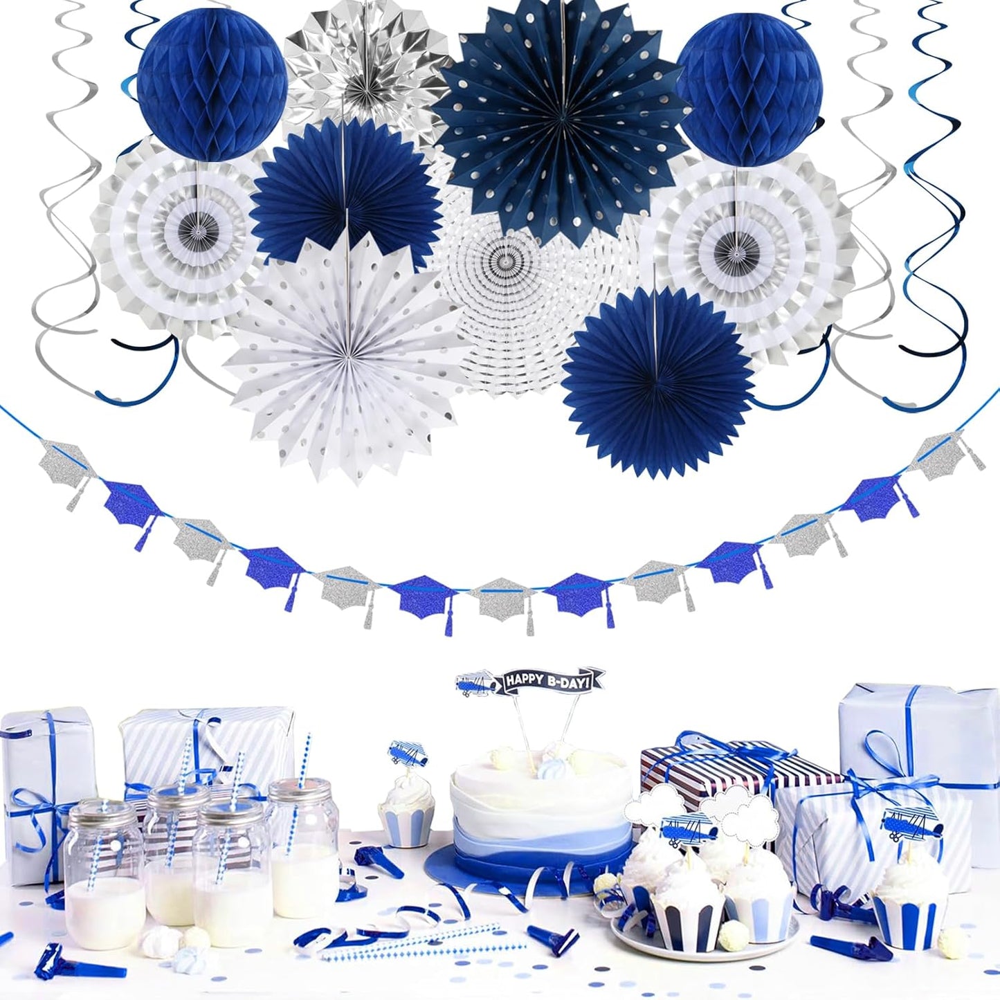 Navy-Blue White Silver Tissue Pom-Poms - 15pcs 5 Size Party Decorations Paper Flowers,Graduation Wedding Baby Bridal Shower Room Hanging Decorations Boy Birthday Party Backdrop Decor Panduola