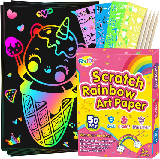 RMJOY Rainbow Scratch Paper Art for Kids: 50PCS Magic Arts Crafts Gifts Toys for Girls Boys Ages 3-12 Games Activities for Birthday Party Family Day Classroom Prizes Easter Basket Stuffers(Boys)