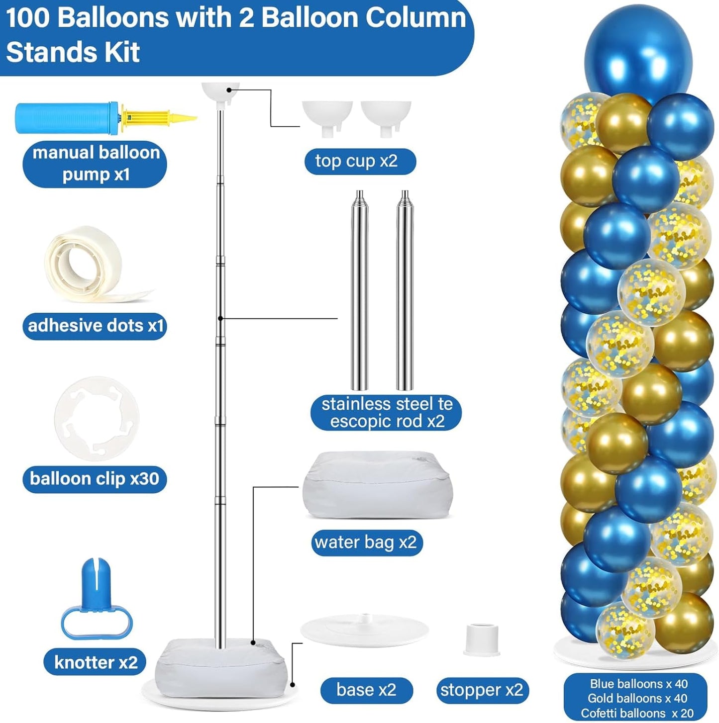 2 Set Black and Gold Balloons Column Stand Kit with 100 Balloons Adjustable Balloon Stand with Bases for Floor Black Gold Confetti Balloon Column Kit for Bridal Shower Valentine Birthday Party Decor