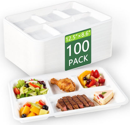 WELLIFE 100% Compostable 5 Compartment Paper Plates, 100 Pack Disposable School Lunch Trays Divided Plates for Adult Youth, 12.5 * 8.6 inch Heavy Duty Eco-Friendly Bagasse Plate for Buffet and Party