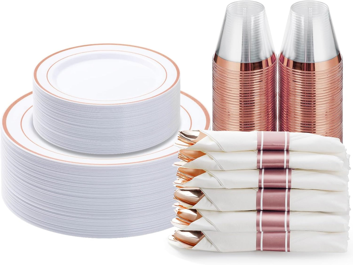 BESTVIP 350PCS Gold Plastic Dinnerware Set, Disposable Party Plates for 50 Guests, Include: 100 Plastic Plates, 50 Pre Rolled Napkins with Gold Silverware, 50 Cups