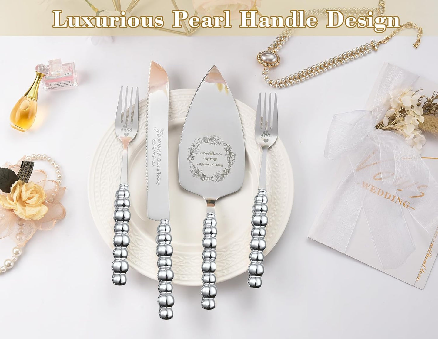 Wedding Cake Knife and Server Set, Gold Ceramic Pearl Handle Cake Cutting Set for Weddings, Engagements, Anniversaries, and Engagement Gifts for Couples