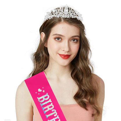 CIEHER Birthday Girl Crown and Sash - Rose Gold Tiara Birthday Decorations for Women and Girls
