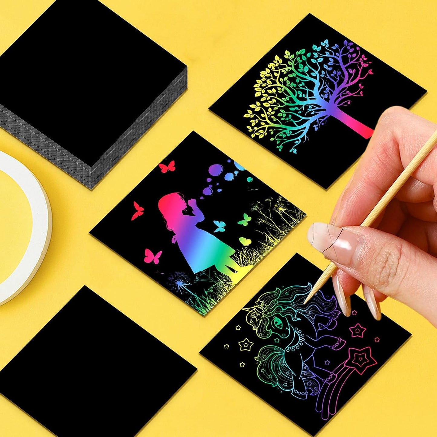 Lenwen Scratch Cards Rainbow Note Scratch Pads with 20 Bamboo Stylus for Adult Paper DIY Paper Craft Kits Birthday Party Favors Supplies(Rainbow Mix,500)
