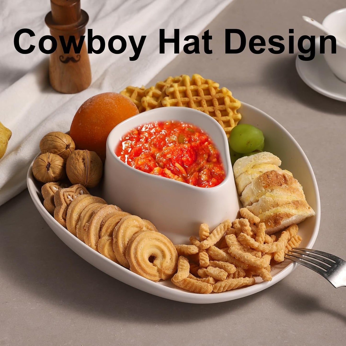 Chip and Dip Serving Set Bowl Cowboy Hat Chips and Salsa Serving Dish.10.6 x 11.6 x 3.5 in White
