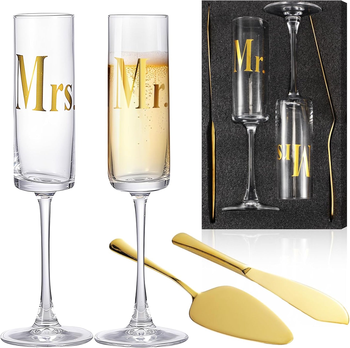 Boao 4 Pieces Wedding Toasting Flutes and Cake Server Set Wedding Reception Supplies Champagne Glasses Cake Knife Pie Server (Gold,Classic)