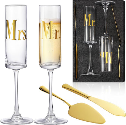 Boao 4 Pieces Wedding Toasting Flutes and Cake Server Set Wedding Reception Supplies Champagne Glasses Cake Knife Pie Server (Gold,Classic)