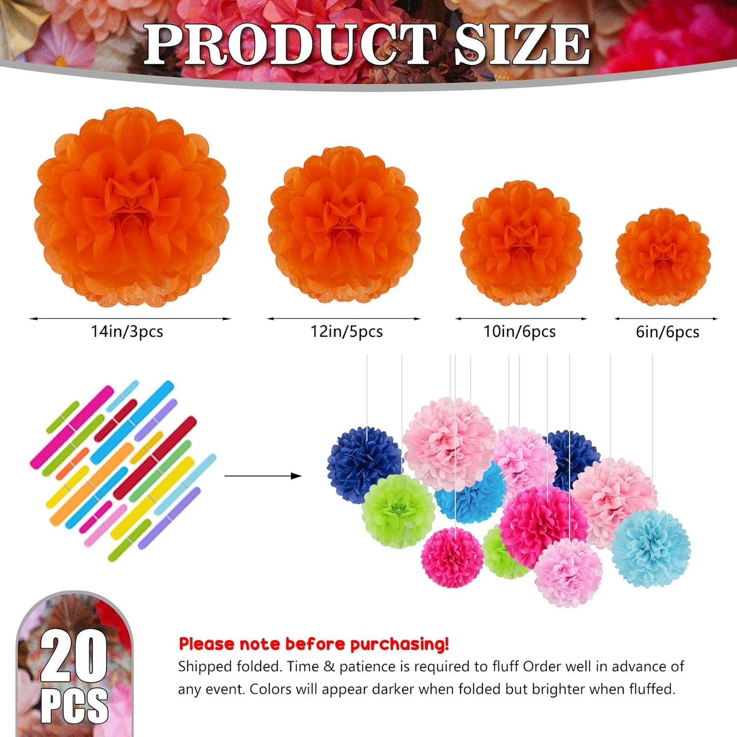 Tissue Paper Pom Poms, Pink Tissue Paper Flowers, Hanging Flower Balls for Weddings Fiesta Parties Birthday Baby Showers Classroom Bridal Shower Decoration (18Piece Set-6/10/12/14Inch)
