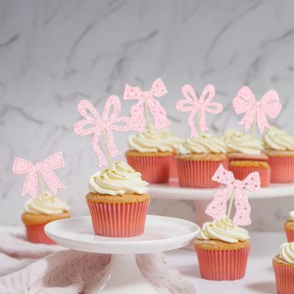 Ephlyn 24Pcs Pink Bow Cupcake Toppers Bow Birthday Cake Topper Girls Birthday Party Decorations Bowknot Cupcake Decorations for Bridal Wedding Themed Party Multi