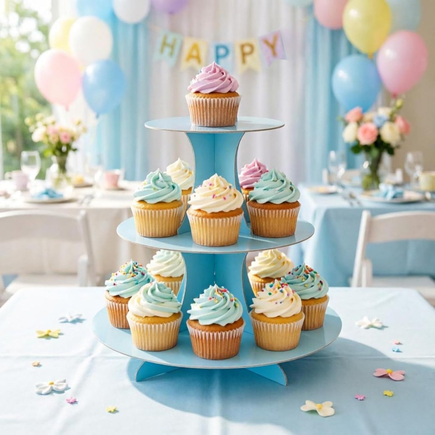 YLDW Cupcake Stand, 3-Tier Cupcake Stand Display, Cardboard Cup Cake Tower Stand, Disposable Dessert Stand for Birthday Tea Party Baby Shower Treat Decorations, Pink