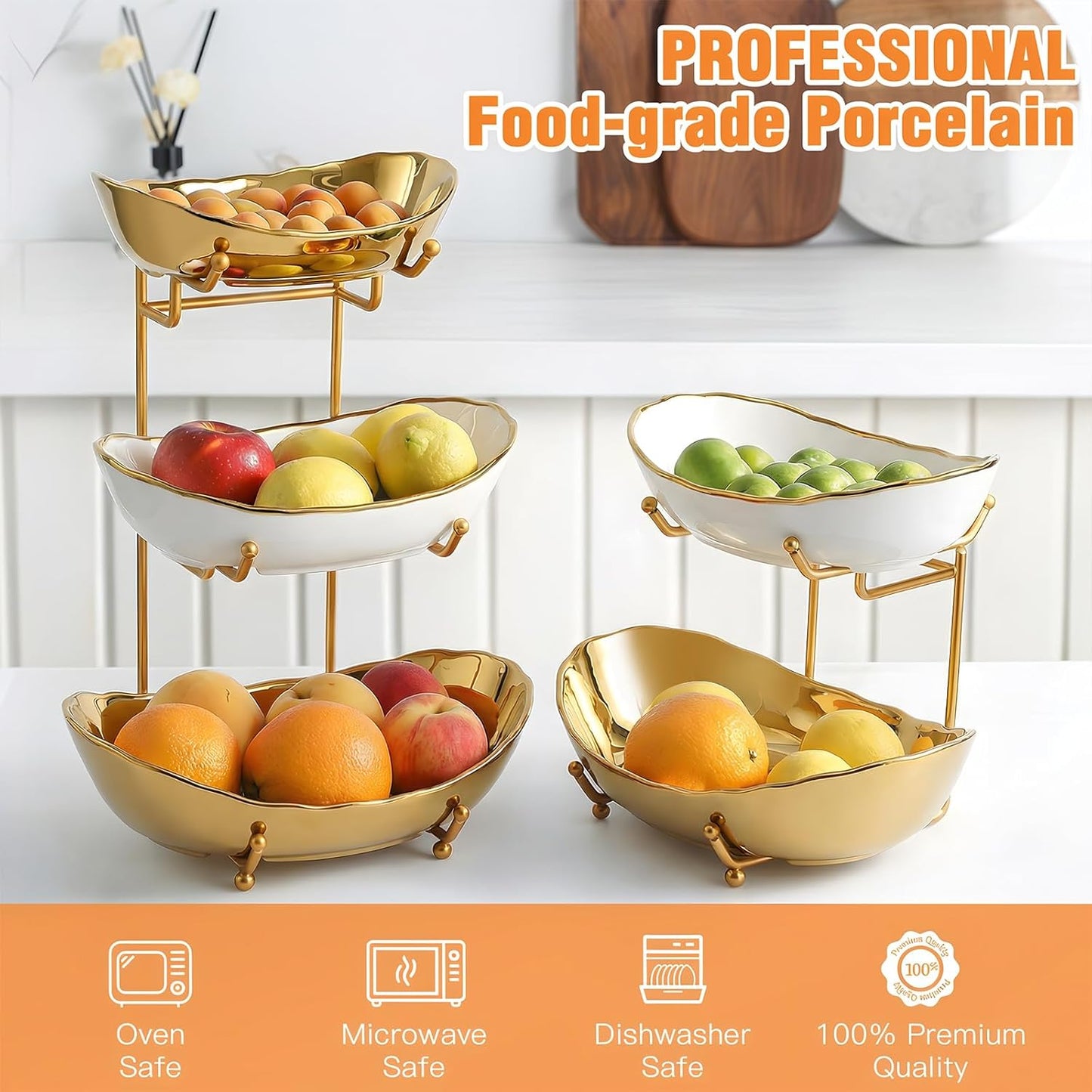 Ceramic Fruit Bowl for Kitchen Counter - 3 Tier Fruit Basket with Metal Stand, Tiered Fruit Stand for Countertop, Snack, Nuts, Cake, Dessert, Cute (Gold, Small) 1
