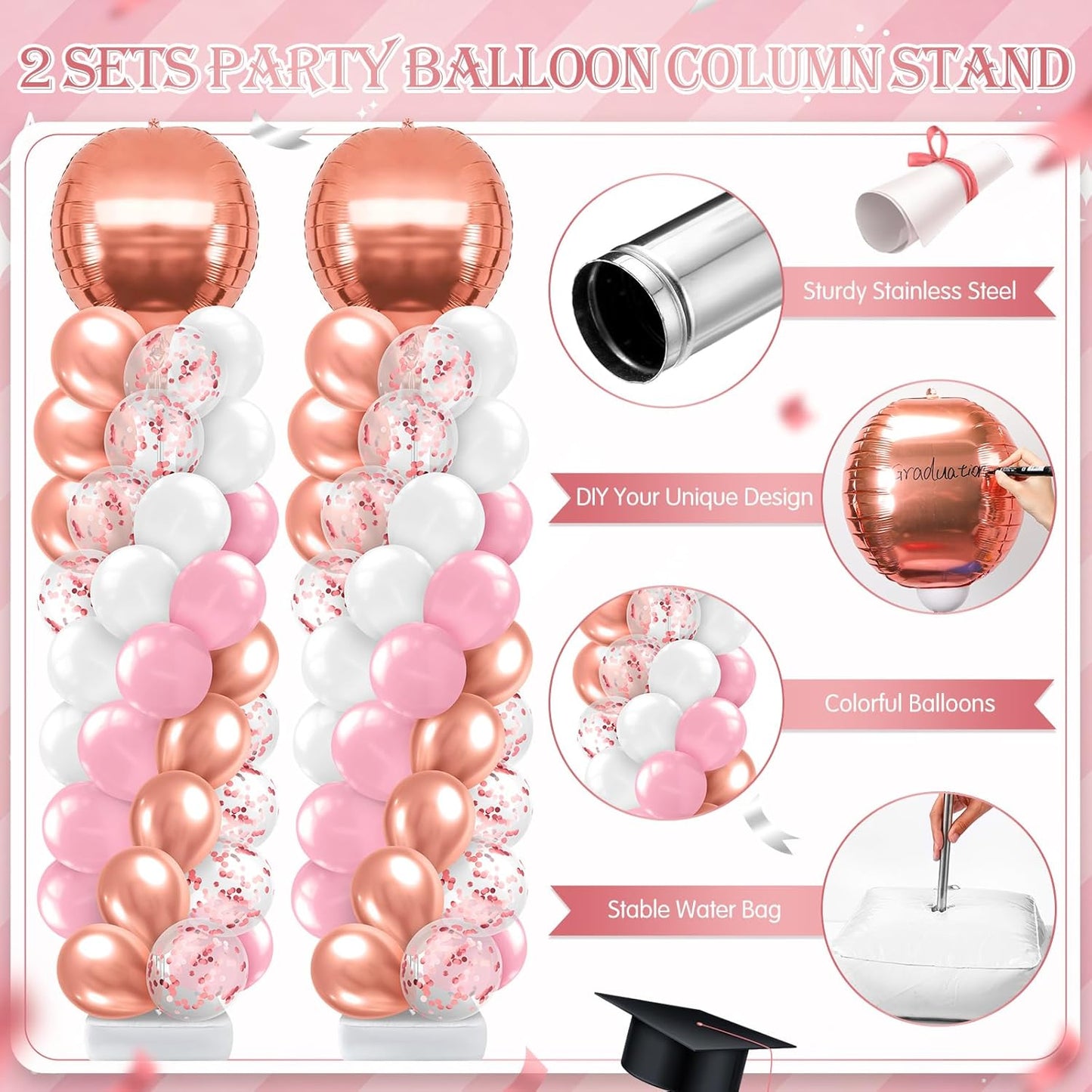 2 Sets Blue and Black White Graduation Balloon Column Stand Kit for Class of 2026, Adjustable Floor Balloon Arch Tower with Foil & Latex Balloons, DIY Decor for Grad Ceremony Backdrop
