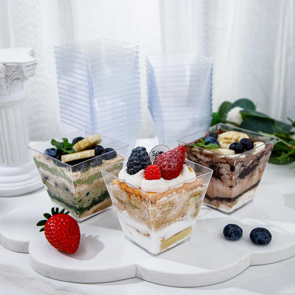 supernal 100pcs Square Plastic Dessert Cups (4oz) with 100pcs Mini Gold Spoons, Plastic Parfait Appetizer Cup, Medium Clear Dessert Cups Perfect for Cakes, Ice Cream, Desserts Appetizers