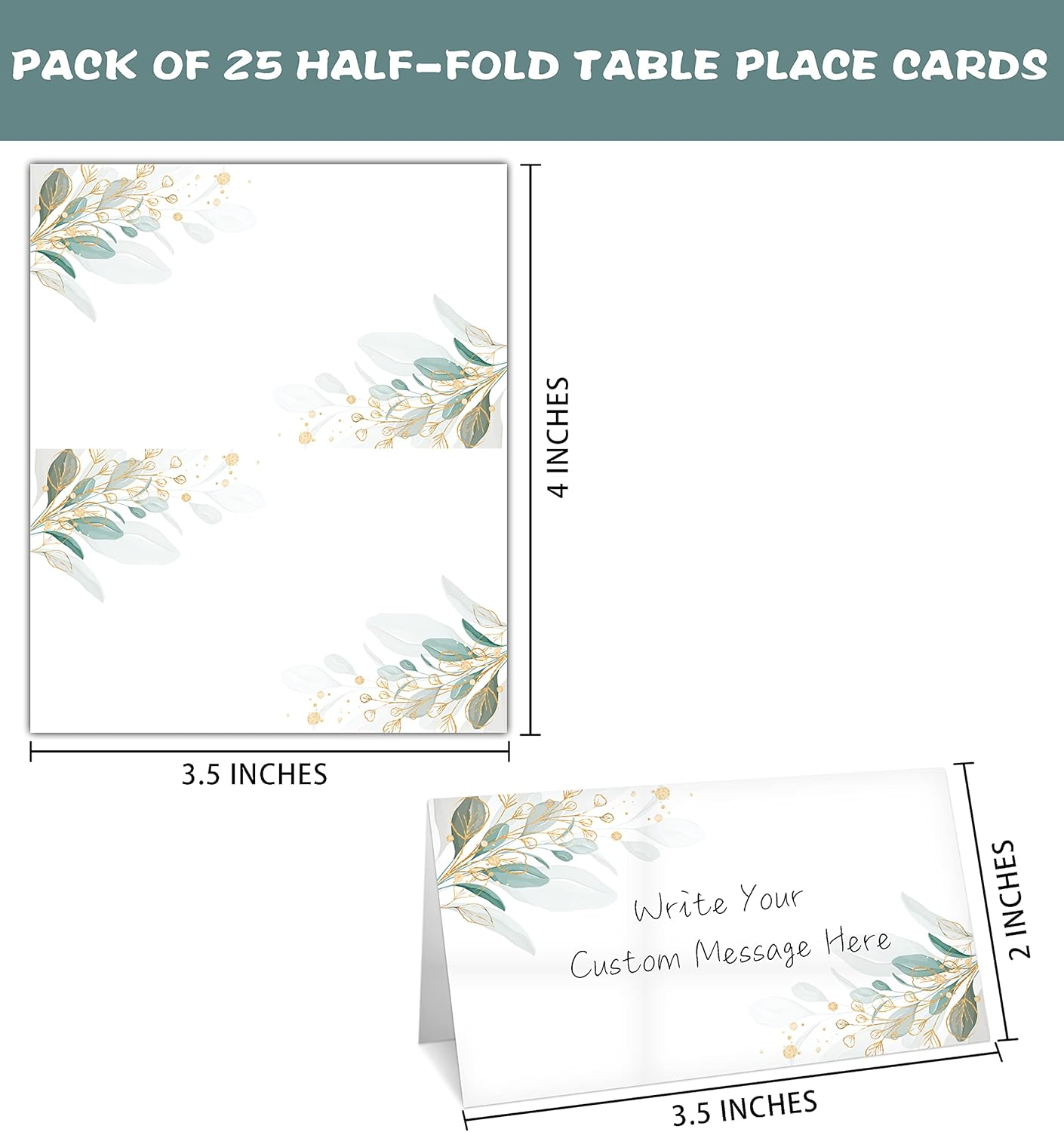Gold Foil Greenery Table Place Card, 25 Pcs Tent Style Cards Set with Green Eucalyptus, Editable Name Cards for Table Seating, Food Lables for Birthday Party, Baby Shower, Wedding, Bridal Shower(15)