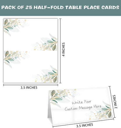 Gold Foil Greenery Table Place Card, 25 Pcs Tent Style Cards Set with Green Eucalyptus, Editable Name Cards for Table Seating, Food Lables for Birthday Party, Baby Shower, Wedding, Bridal Shower(15)