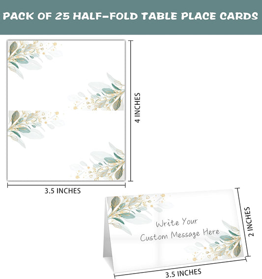 Gold Foil Greenery Table Place Card, 25 Pcs Tent Style Cards Set with Green Eucalyptus, Editable Name Cards for Table Seating, Food Lables for Birthday Party, Baby Shower, Wedding, Bridal Shower(15)
