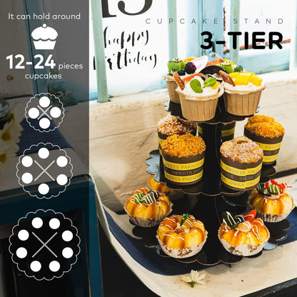 White Cupcake Stand Tower, 3-Tier Cardboard Dessert Display with Heart Handle,Perfect for Birthday Baby Shower Wedding Tea Party Graduation, Easy 60-Second Assembly, Holds 12+Cupcakes (1-Pack)