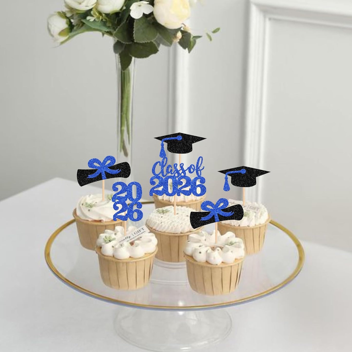 36 PCS 2026 Graduation Theme Cupcake Toppers Glitter Class of 2026 Grad Cap Diploma Cupcake Picks 2026 Graduation Theme Party Cake Decorations Supplies Deep Blue